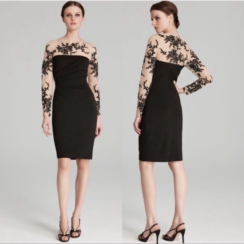 David Meister Black Lace Illusion Cocktail Event Dress Ruched Waist Size 14